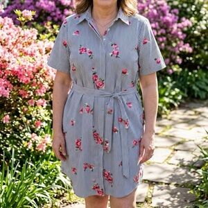 Calvin Klein Embroidered Rose Stripe Shirt Dress EUC Size 12 Floral Belted Work